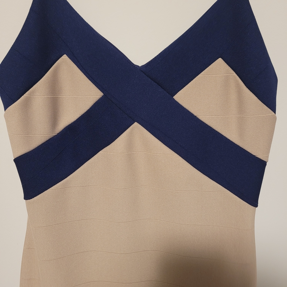 Olive Tree Navy Taupe Colorblock Bodycon Dress SM Criss Cross V Neck Date Nigh - Picture 4 of 6